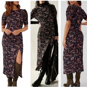 Free People Brielle Ruched Midi Dress Twilight XS Side Slit Semi-Sheer Stretchy